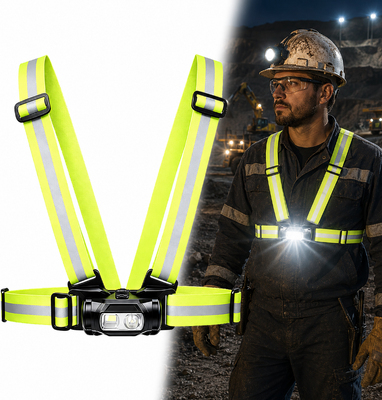 Un buon prezzo. IPX4 Luce di lavoro impermeabile per il petto con doppia fonte di luce e cintura riflettente per il lavoro notturno a mani libere In linea